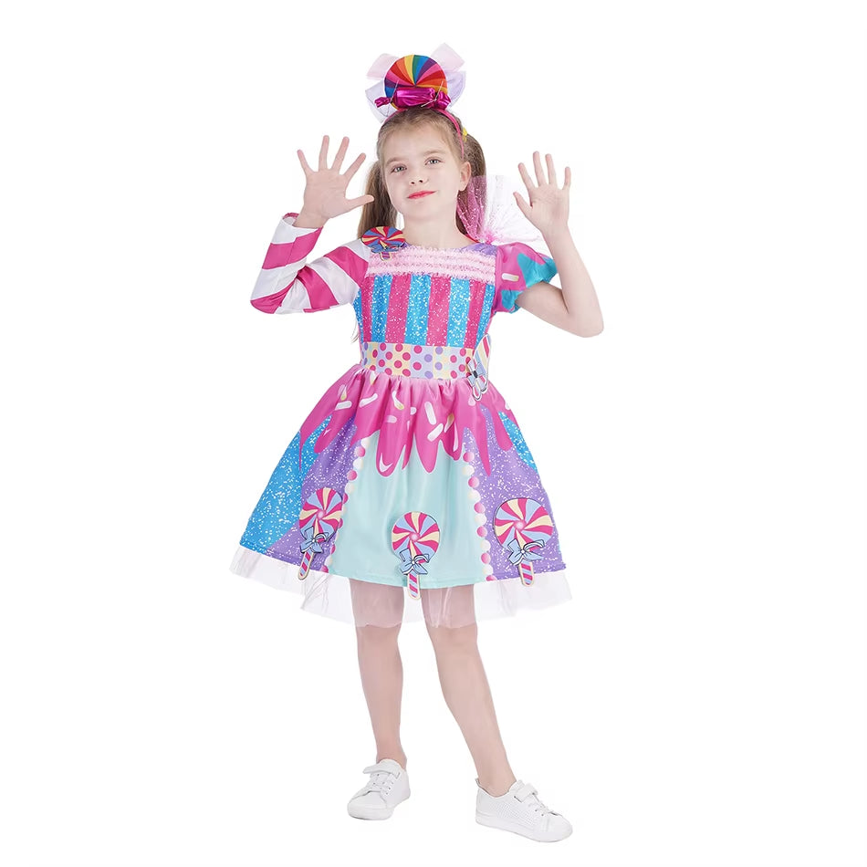 Candy Costume Dress for Girl Purim Festival One Shoulder Rainbow Unicorn with Wing Baby Girl Birthday Party Princess Dress