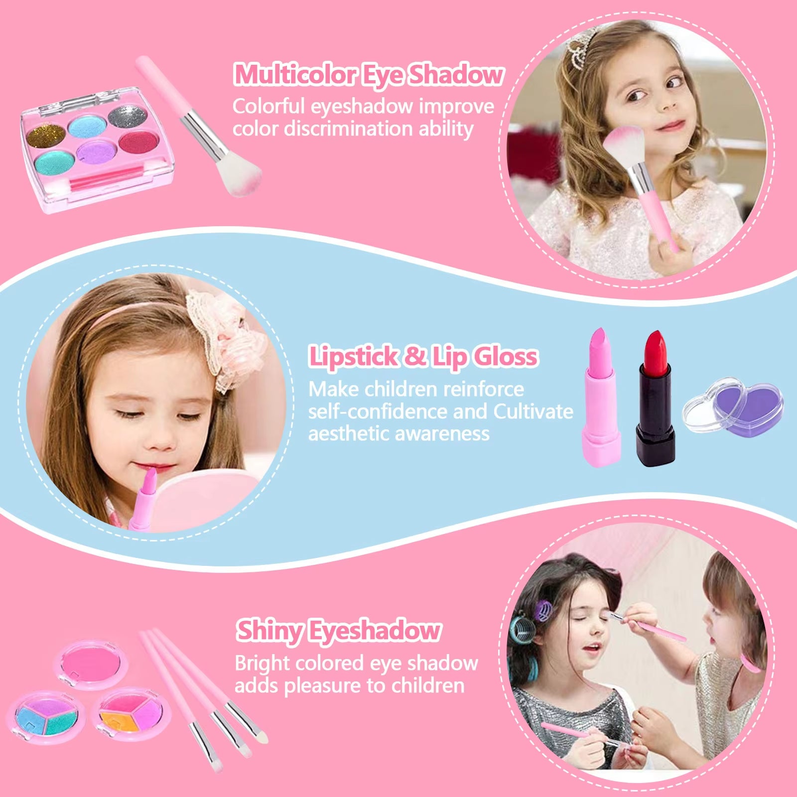 20Pcs Kids Play Makeup Set Toys with Hair Clip & Kids Necklace + Kids Bracelet Pretend Makeup Toys Set Princess Gifts for Girls