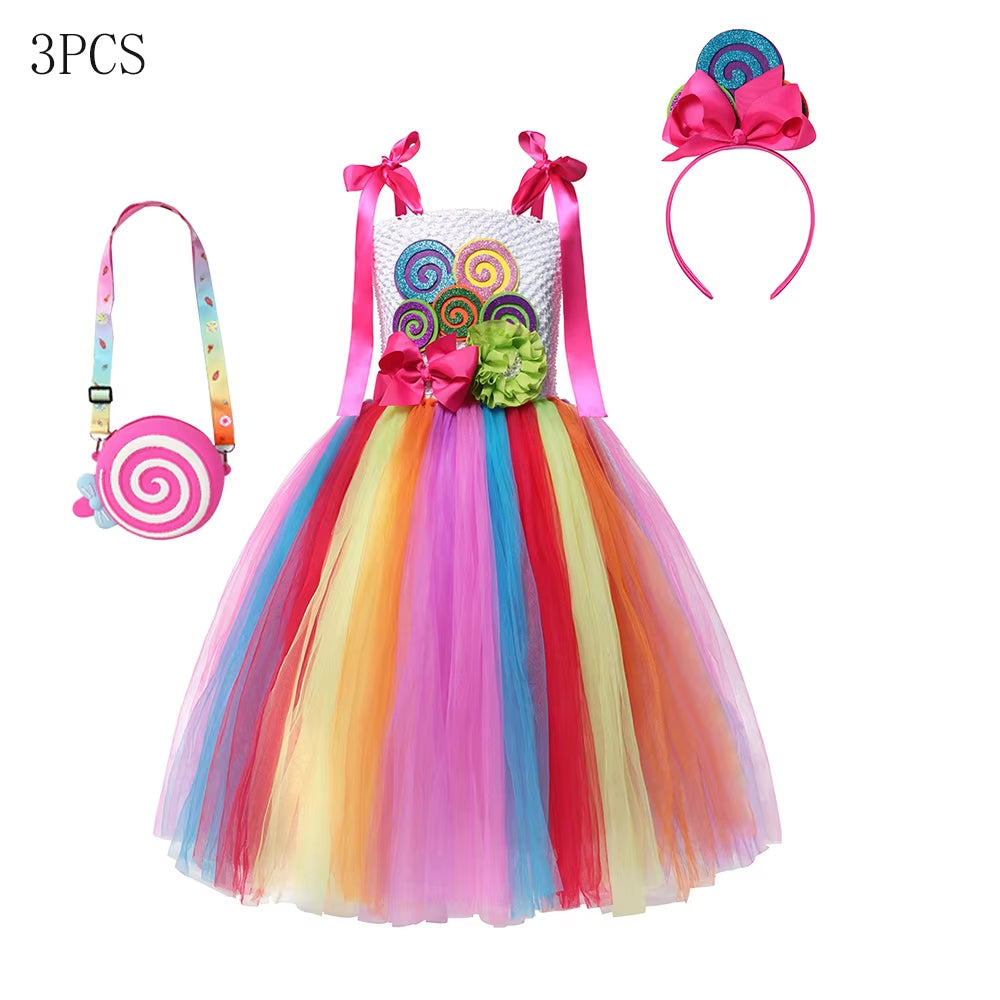 Candy Costume Dress for Girl Purim Festival One Shoulder Rainbow Unicorn with Wing Baby Girl Birthday Party Princess Dress