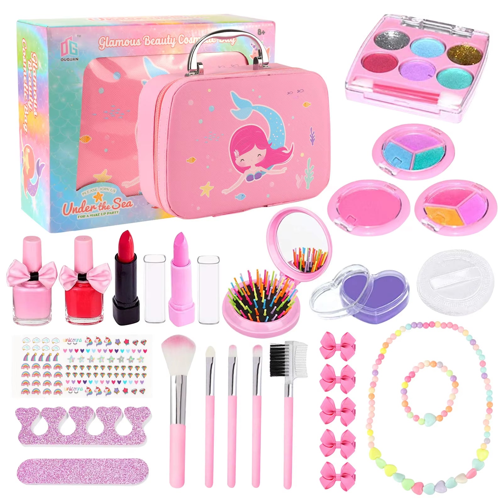 20Pcs Kids Play Makeup Set Toys with Hair Clip & Kids Necklace + Kids Bracelet Pretend Makeup Toys Set Princess Gifts for Girls