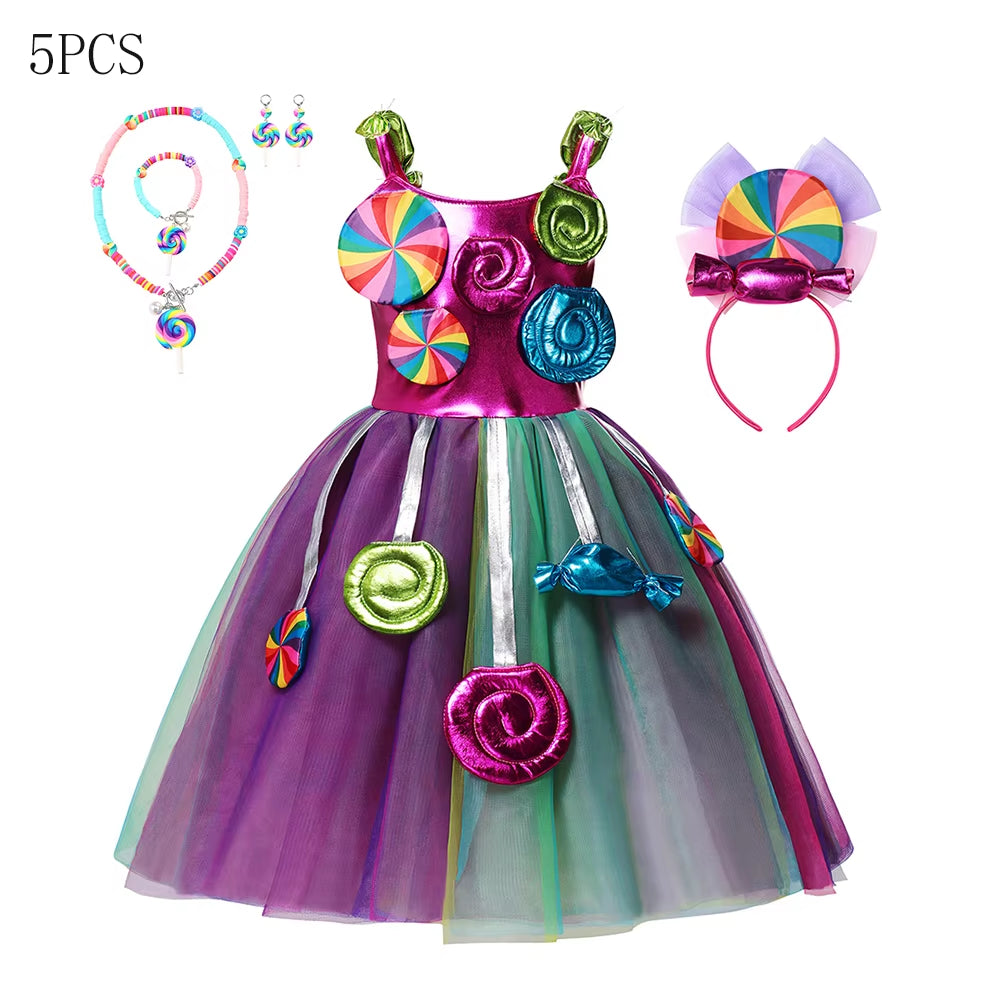 Candy Costume Dress for Girl Purim Festival One Shoulder Rainbow Unicorn with Wing Baby Girl Birthday Party Princess Dress