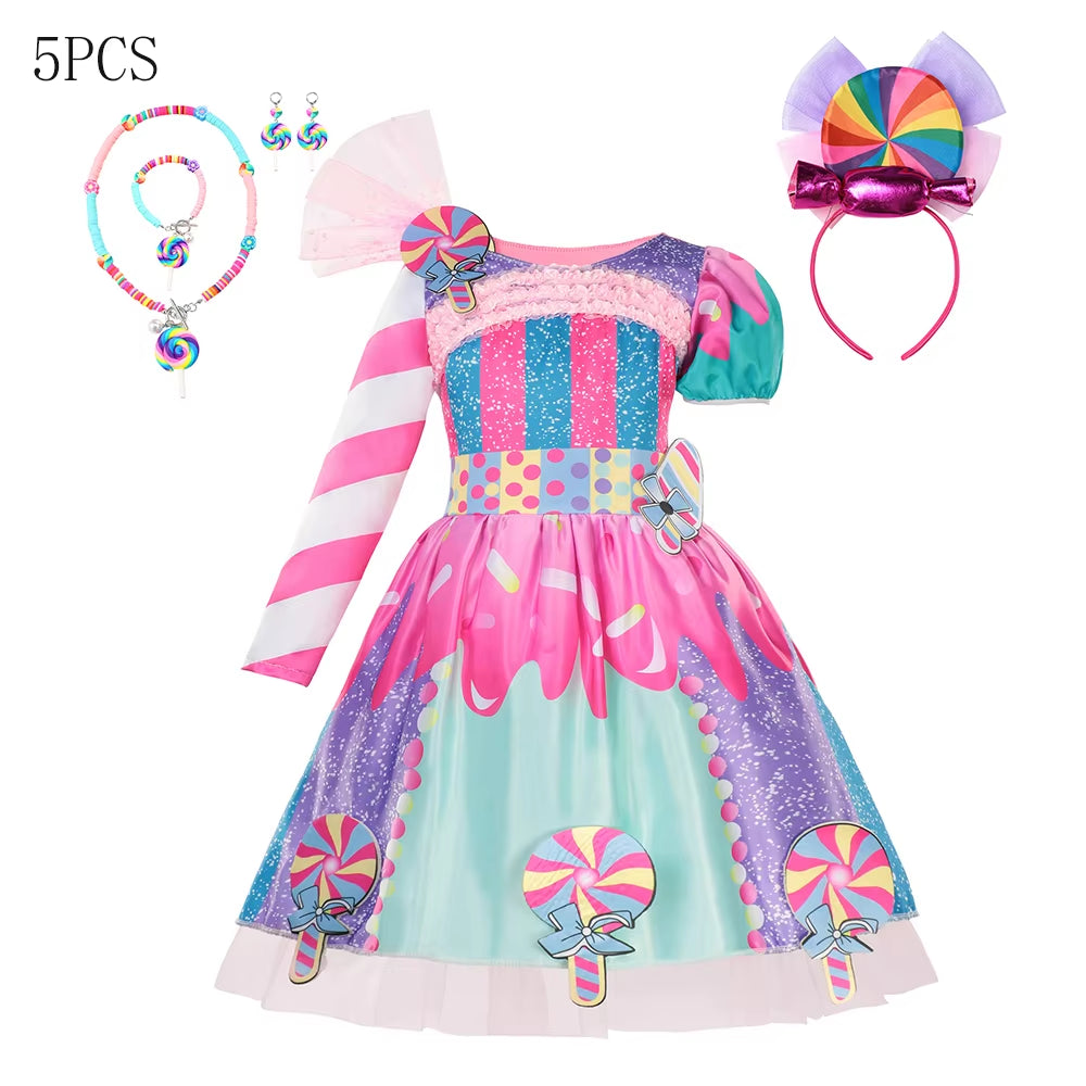 Candy Costume Dress for Girl Purim Festival One Shoulder Rainbow Unicorn with Wing Baby Girl Birthday Party Princess Dress