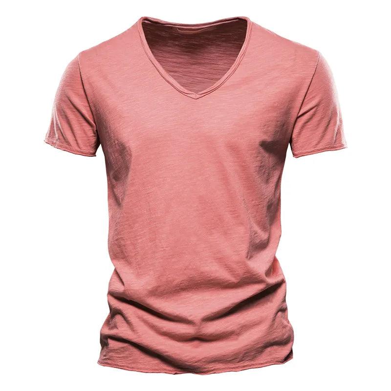 Brand Quality 100% Cotton Men T-Shirt V-Neck Fashion Design Slim Fit Soild T-Shirts Male Tops Tees Short Sleeve T Shirt for Men