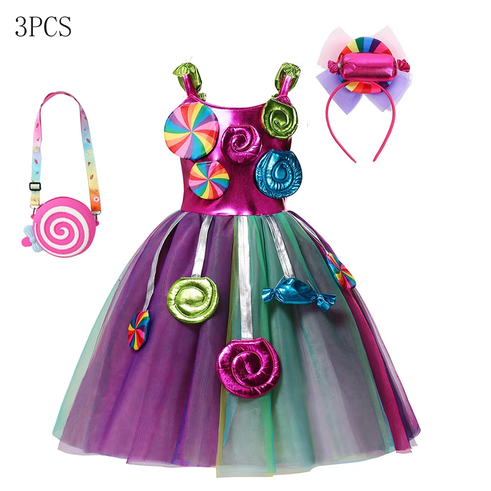 Candy Costume Dress for Girl Purim Festival One Shoulder Rainbow Unicorn with Wing Baby Girl Birthday Party Princess Dress