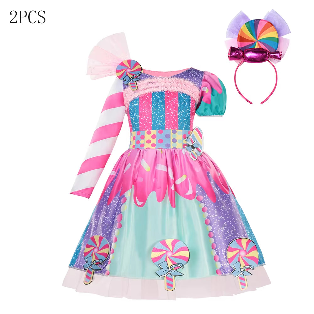 Candy Costume Dress for Girl Purim Festival One Shoulder Rainbow Unicorn with Wing Baby Girl Birthday Party Princess Dress