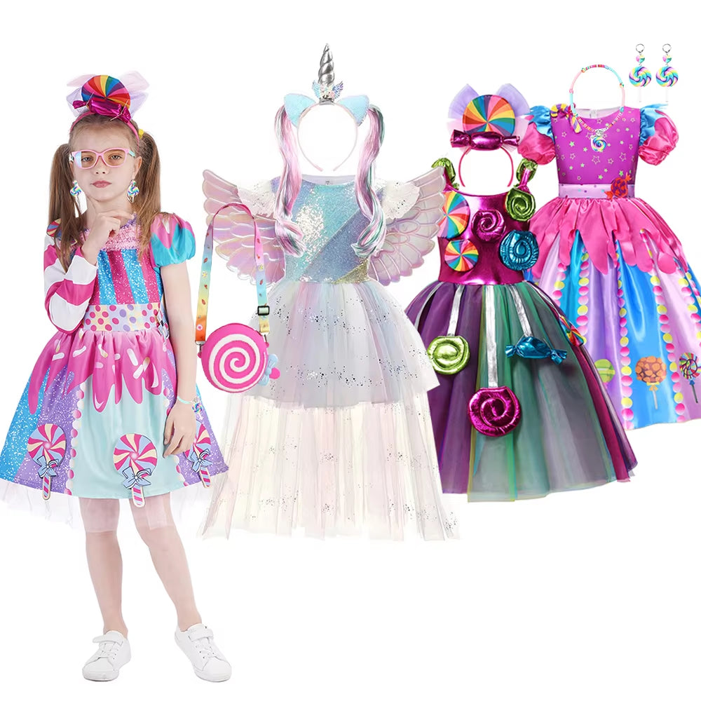 Candy Costume Dress for Girl Purim Festival One Shoulder Rainbow Unicorn with Wing Baby Girl Birthday Party Princess Dress