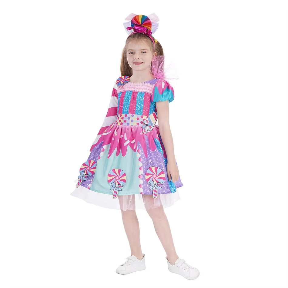 Candy Costume Dress for Girl Purim Festival One Shoulder Rainbow Unicorn with Wing Baby Girl Birthday Party Princess Dress