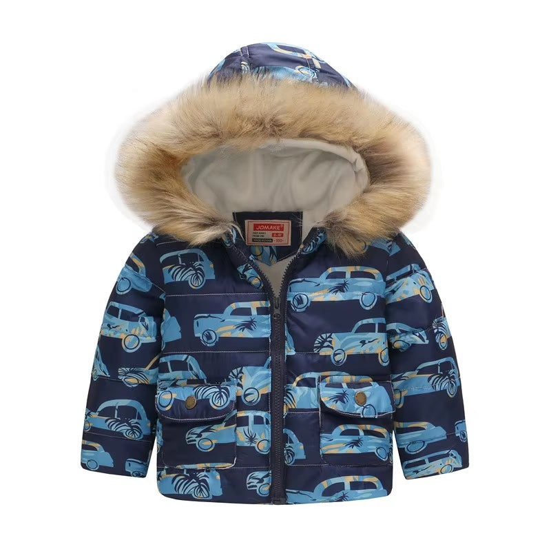 Cute Dinosaur Kids Boys Winter Jacket Cotton Fleece Fur Hooded Parka Baby Boys Coat Outerwear for Children 90-130Cm