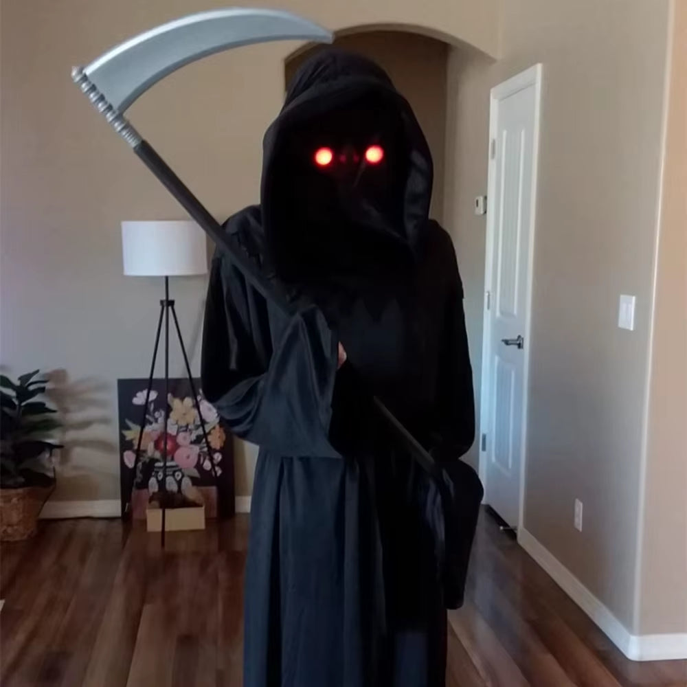 Kids Halloween Costume Grim Reaper Death Horror Ghost Cosplay Suit with Glowing Eyeglasses & Scythe