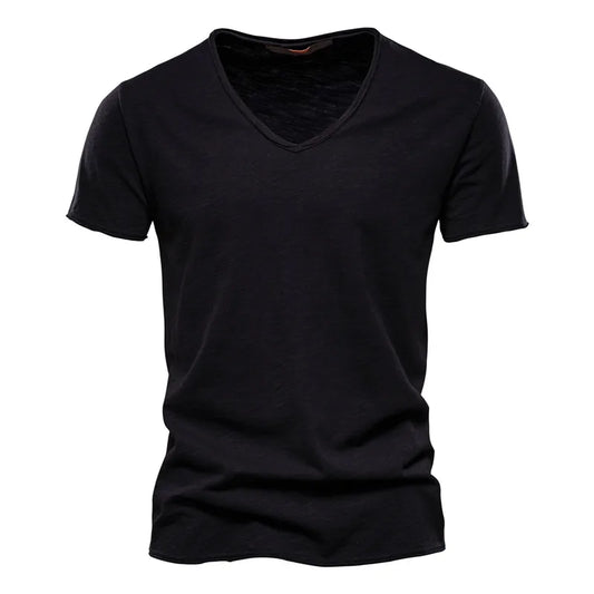 Brand Quality 100% Cotton Men T-Shirt V-Neck Fashion Design Slim Fit Soild T-Shirts Male Tops Tees Short Sleeve T Shirt for Men