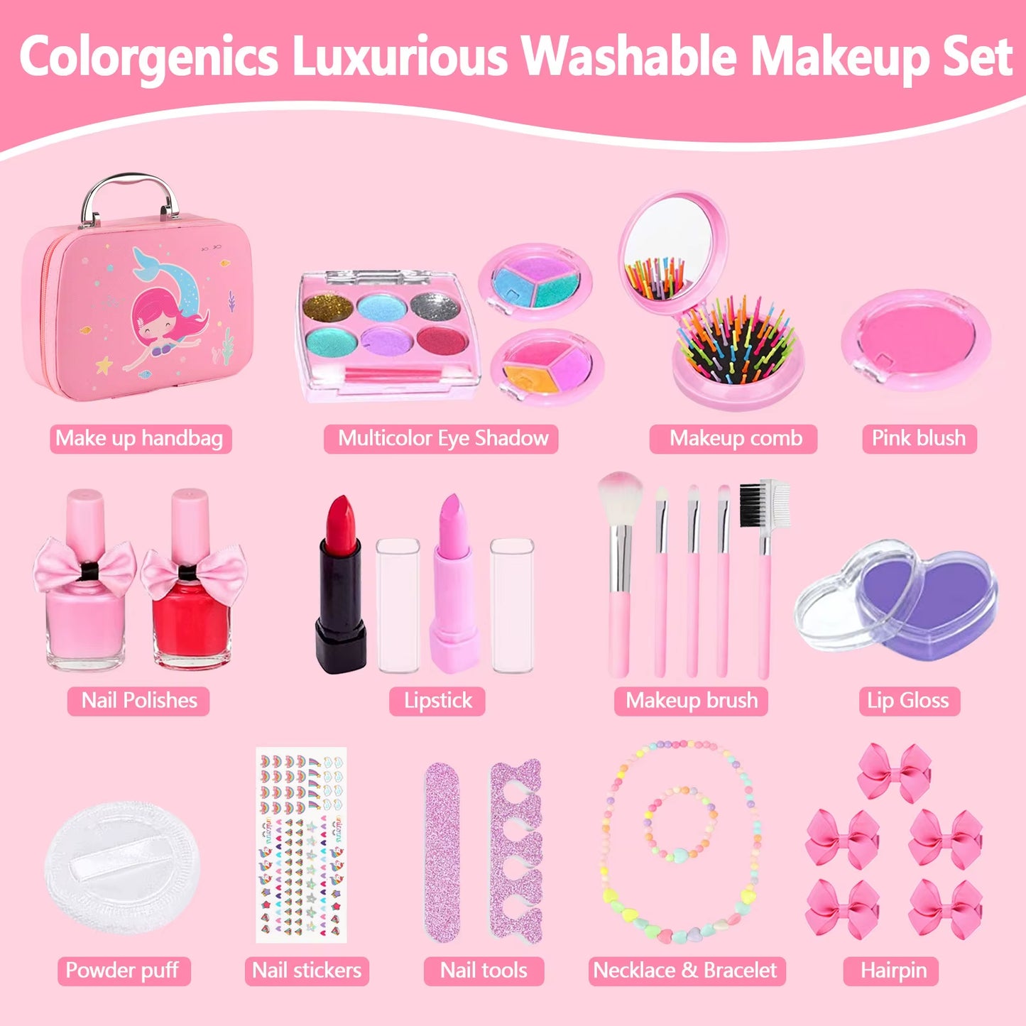 20Pcs Kids Play Makeup Set Toys with Hair Clip & Kids Necklace + Kids Bracelet Pretend Makeup Toys Set Princess Gifts for Girls