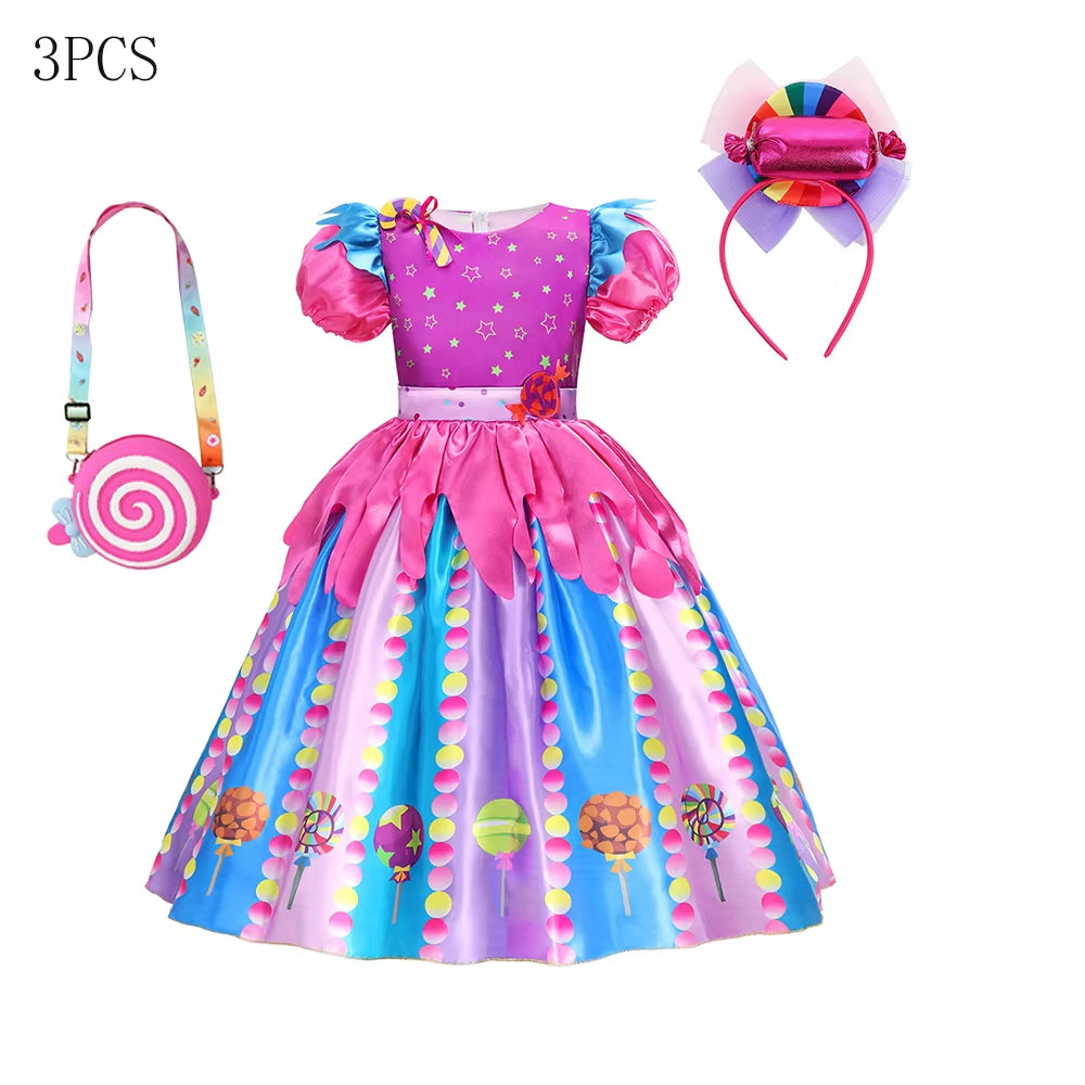 Candy Costume Dress for Girl Purim Festival One Shoulder Rainbow Unicorn with Wing Baby Girl Birthday Party Princess Dress