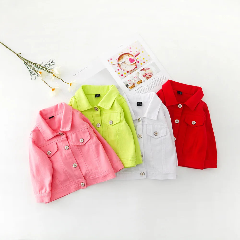 Brand New Baby Girls Boys Candy Color Denim Jacket Kids Cotton Casual Jeans Jackets Children Clothes 1-10Age