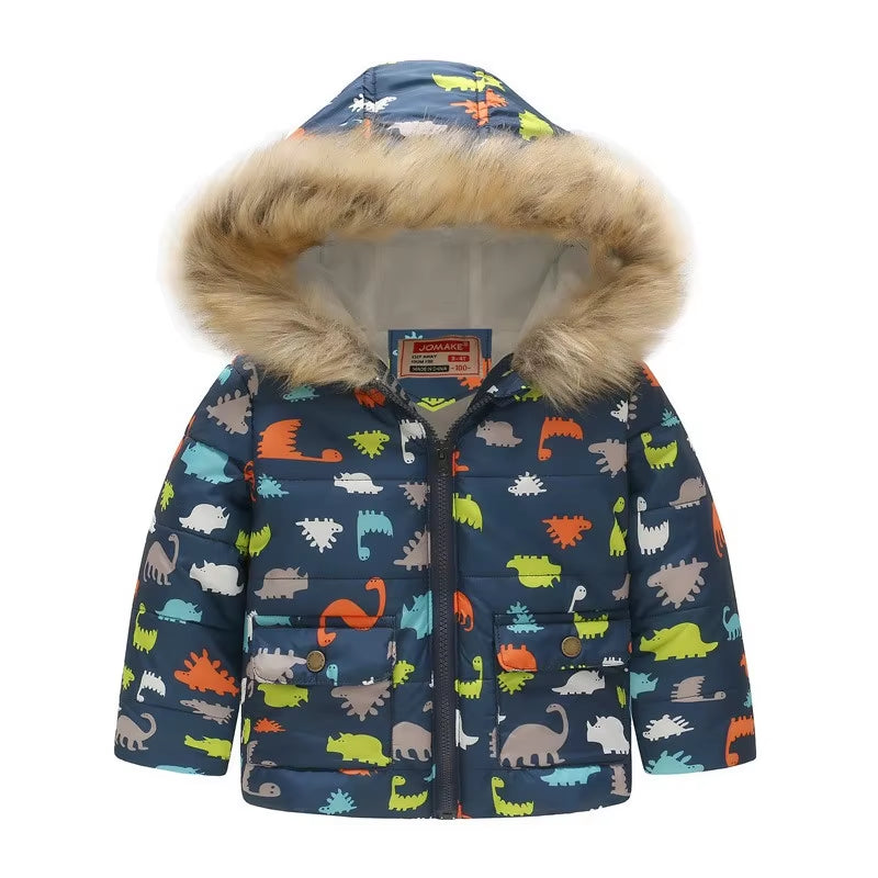 Cute Dinosaur Kids Boys Winter Jacket Cotton Fleece Fur Hooded Parka Baby Boys Coat Outerwear for Children 90-130Cm