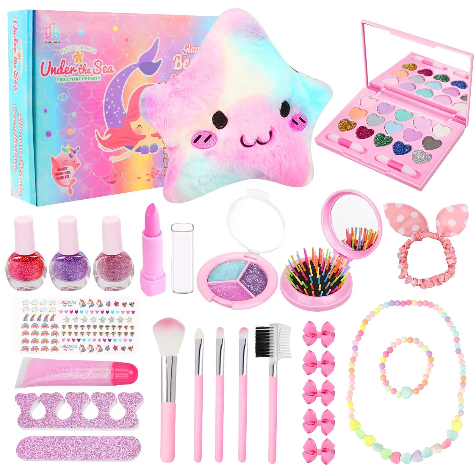 20Pcs Kids Play Makeup Set Toys with Hair Clip & Kids Necklace + Kids Bracelet Pretend Makeup Toys Set Princess Gifts for Girls