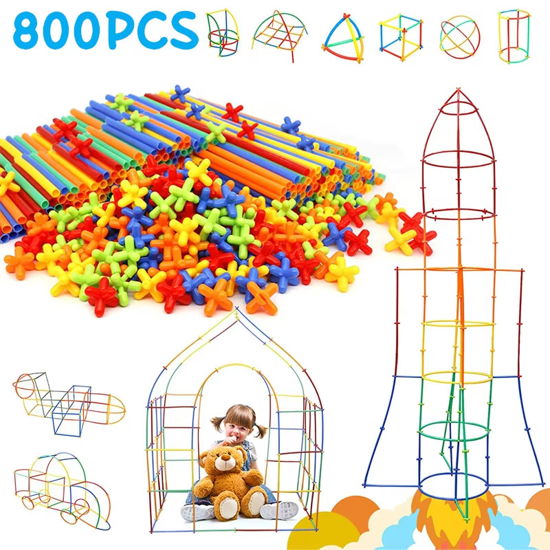 STEM Construction Toys 800 Pieces Straw Toys Plastic Indoor and Outdoor Toys Building Blocks Toys Educational Montessori Toy