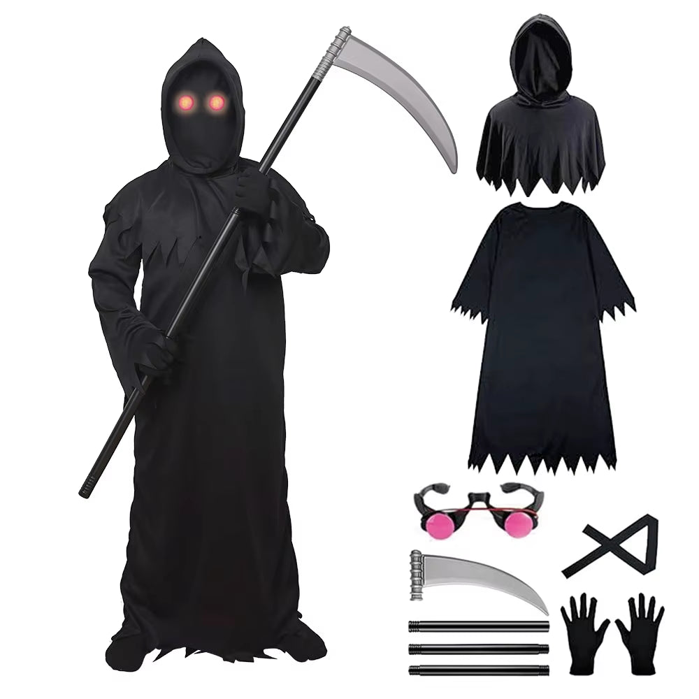 Kids Halloween Costume Grim Reaper Death Horror Ghost Cosplay Suit with Glowing Eyeglasses & Scythe