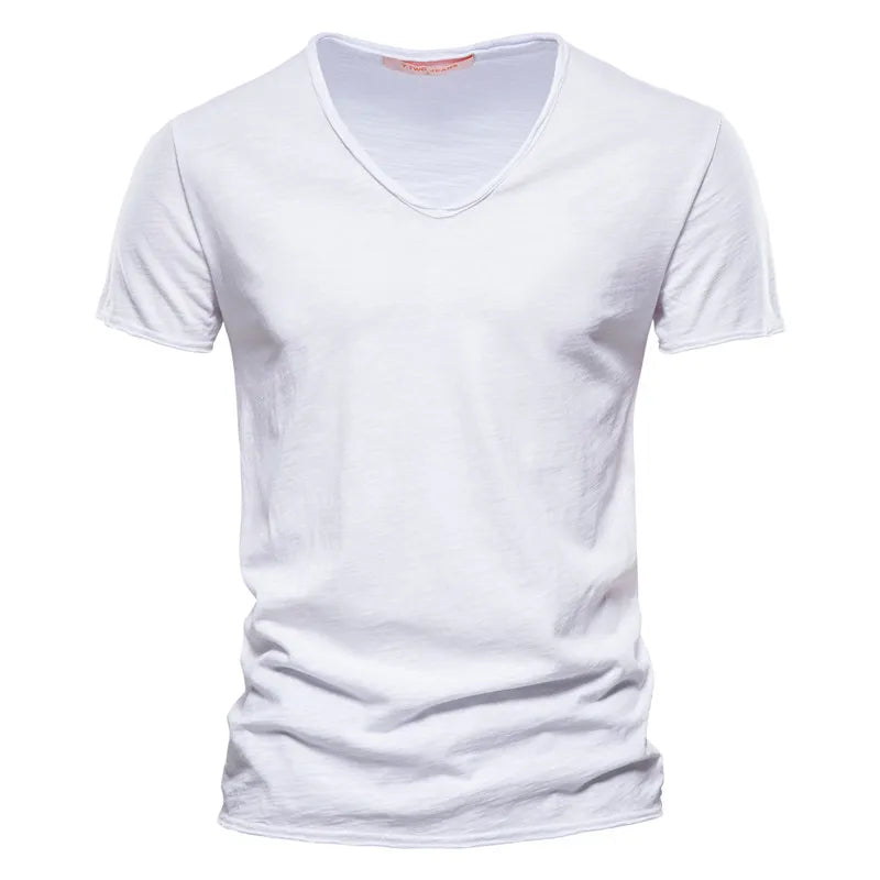 Brand Quality 100% Cotton Men T-Shirt V-Neck Fashion Design Slim Fit Soild T-Shirts Male Tops Tees Short Sleeve T Shirt for Men