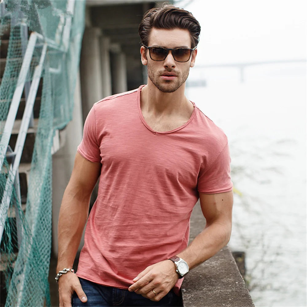 Brand Quality 100% Cotton Men T-Shirt V-Neck Fashion Design Slim Fit Soild T-Shirts Male Tops Tees Short Sleeve T Shirt for Men