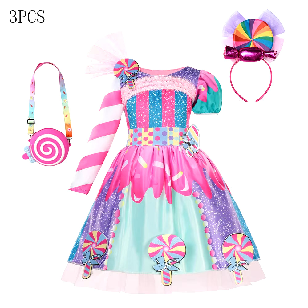 Candy Costume Dress for Girl Purim Festival One Shoulder Rainbow Unicorn with Wing Baby Girl Birthday Party Princess Dress