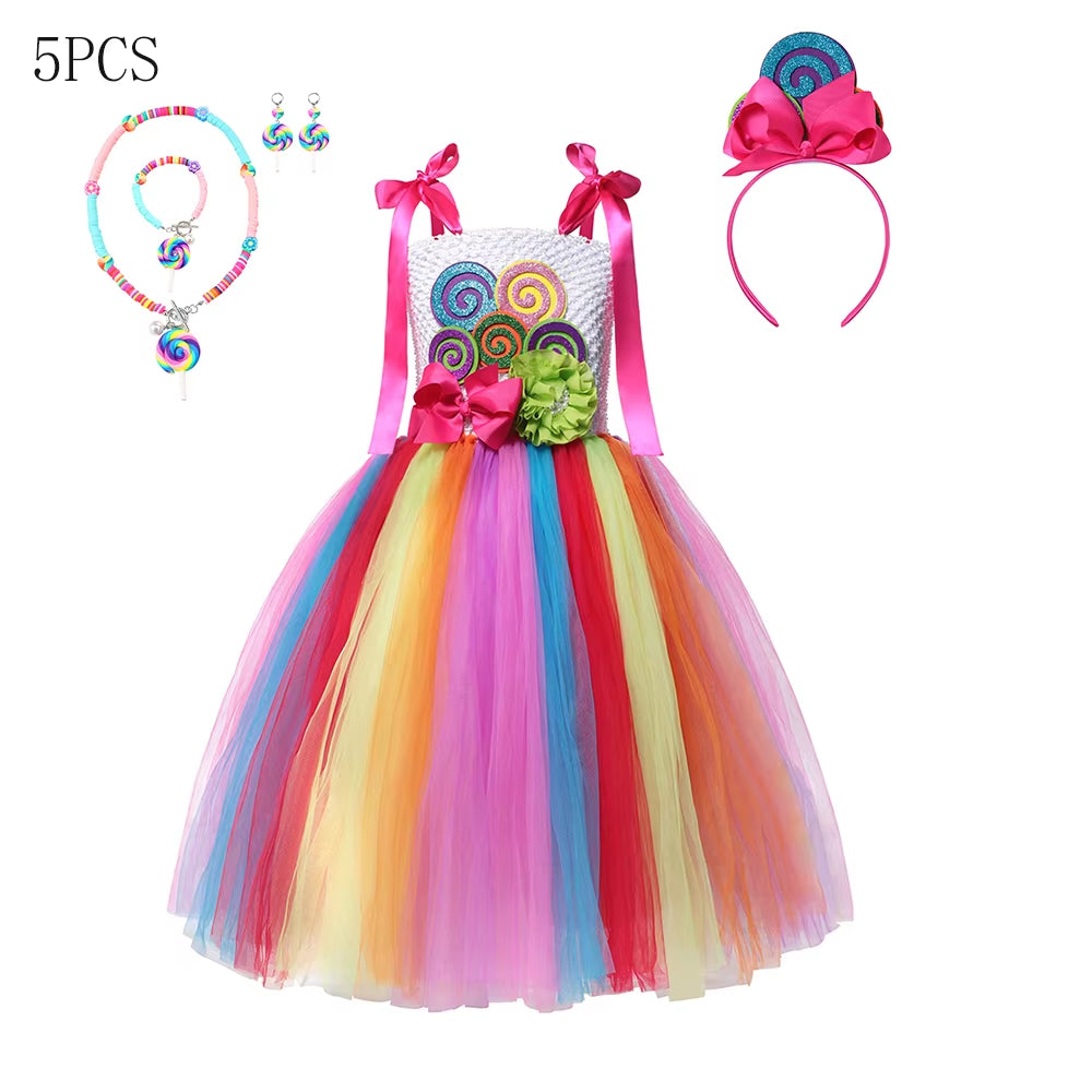 Candy Costume Dress for Girl Purim Festival One Shoulder Rainbow Unicorn with Wing Baby Girl Birthday Party Princess Dress