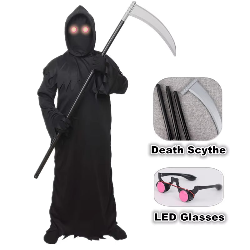 Kids Halloween Costume Grim Reaper Death Horror Ghost Cosplay Suit with Glowing Eyeglasses & Scythe