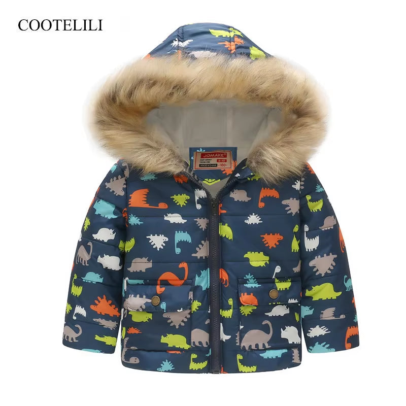 Cute Dinosaur Kids Boys Winter Jacket Cotton Fleece Fur Hooded Parka Baby Boys Coat Outerwear for Children 90-130Cm