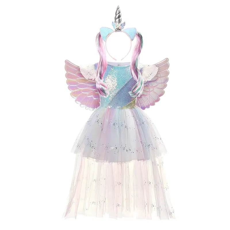 Candy Costume Dress for Girl Purim Festival One Shoulder Rainbow Unicorn with Wing Baby Girl Birthday Party Princess Dress